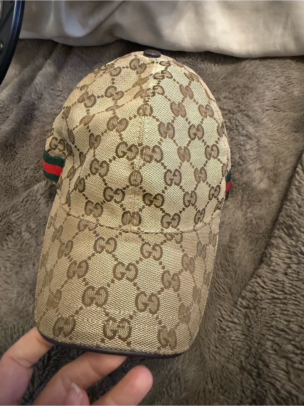 Gucci Beige GG Canvas Cap with Green-Red Web Detail